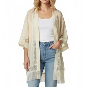 MISS LOVE Sheer Lace Fringe Hem Kimono, Women’s L, Cream